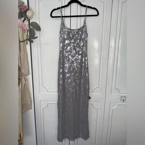 Silver Sequin Maxi Slip Dress with Spaghetti Straps